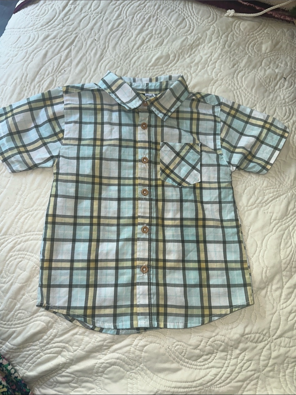 Boys Plaid Short-Sleeve Button-Down Shirt in Light Blue and Khaki